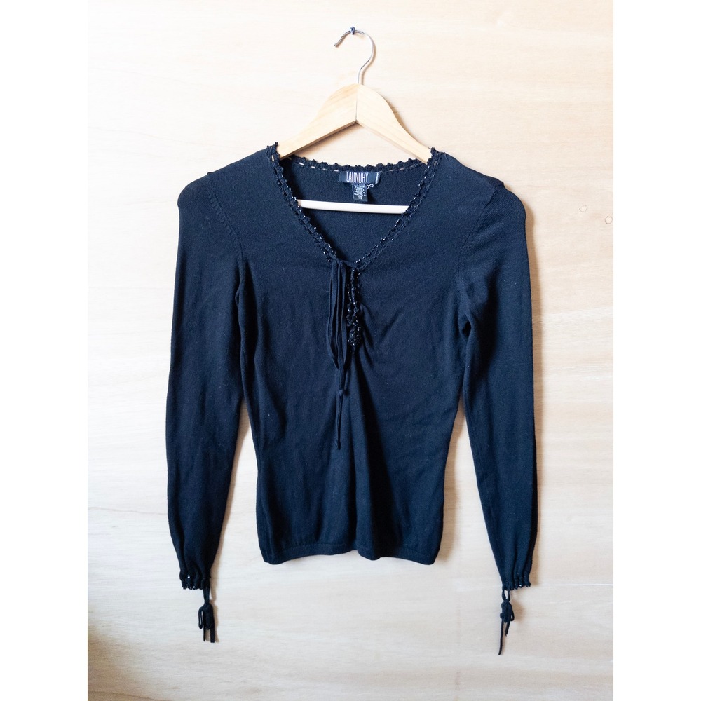 Y2K Laundry by Shelli Segal Knit Top Lace Trim Tie Front Long Sleeve Black XS‎